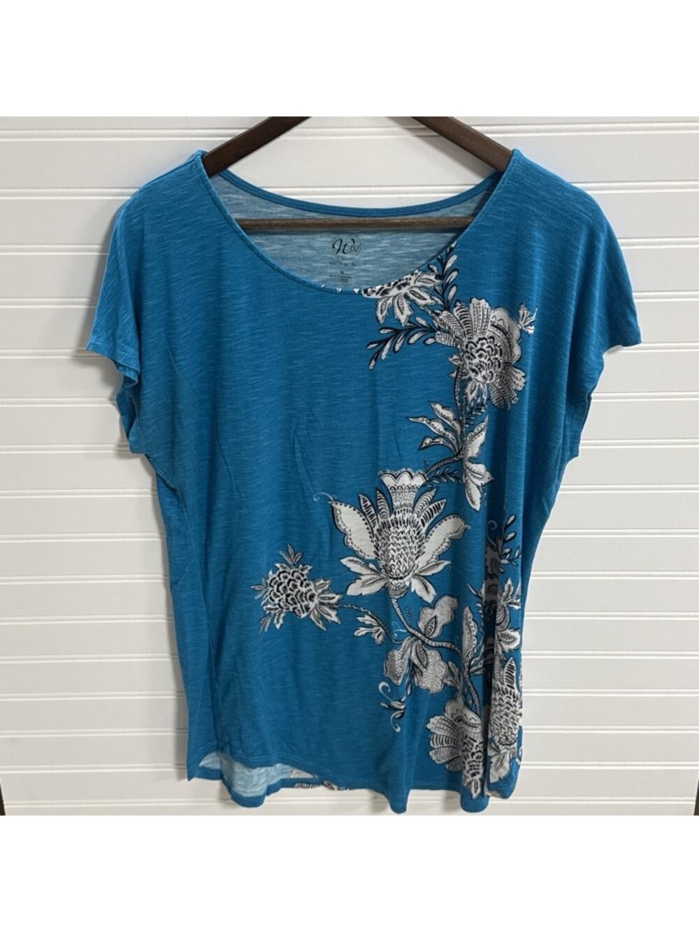 Westport1962 Floral Print Rhinestone Top Casual Blouse Bright BlackBlue White XL